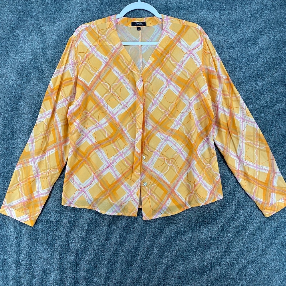 Zanella Blouse Top Womens 12 Silk Yellow Plaid Button Up Made in Italy Old Money